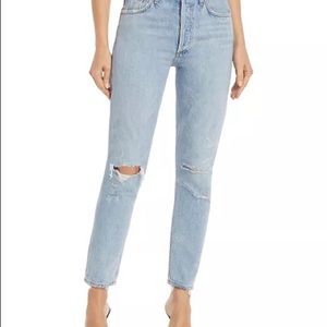 Agolde “Jamie” Distressed Denim, High Rose, Classic Fit, size 24, Blue